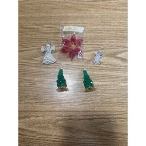 Vintage Handmade Christmas Bead And Safety Pin Christmas Tree, Angels, Poinsetta